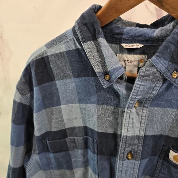 Carhartt Shirt Mens Large Blue Flannel Long Sleeve Button Down Plaid Relaxed - Picture 2 of 12